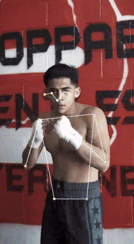 Muay Thai pose analysis demo showing pose landmarks over striking footage